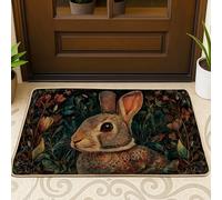 Rabbit Door Mat, Nature Fanciful Flowers Leaves Spring Green Washable Low Profile Back Doormat Home Decor for Entryway Outdoor Porch Balcony 29x17 Inch