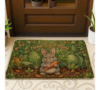 Rabbit Door Mat, Nature Rustic Carrot Leaves Spring Green Washable Low Profile Welcome Entry Mat for House Office Outside Inside Entrance Decor 29x17 Inch