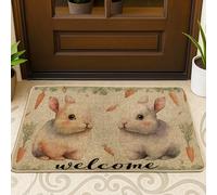 Rabbit Door Mat, Spring Fanciful Carrot Leaf Spring Beige Non-Slip Dirt Trapper Back Doormat Entryway Decor for Front Porch Bathroom Office 29x17 Inch