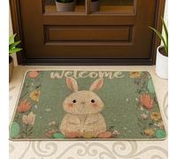 Rabbit Door Mat, Spring Fanciful Flowers Eggs Spring Green Non-Slip Dirt Trapper Decorative Doormat Entryway Decor for Front Porch Bathroom Office 29x17 Inch