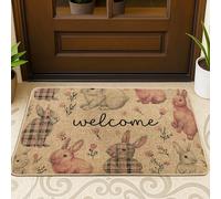 Rabbit Door Mat, Spring Fanciful Flowers Plaid Spring Peach Washable Low Profile Welcome Entry Mat for Home Indoor Outdoor Entryway Porch Decor 29x17 Inch
