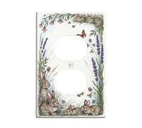 Rabbit Duplex Outlet Covers Wall Plate, Country Nature Butterfly Lavender Spring Green Plastic Standard Size Double Power Outlet Cover Plate for Home Living Room New Apartment Decor