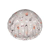 Rabbit Faces On Grey Background Reusable Elastic Bath Waterproof Shower Cap For Womens, Caps For Girls Spa Home Use,Hotel And Hair Salon