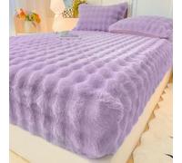 Rabbit Fleece Fitted Sheet for Single/Double/King Bed, 25cm Deep Pocket Plain Thermal Warm Cosy Winter Fluffy Fleece Fitted Bed Linen, Easy Care Bedding (Purple,200x220cm)