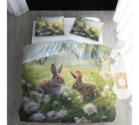 ECOTOS Rabbit Flower Duvet Cover Double Size - Bunny Bedding Sets, Reversible Printed Quilt Cover & 2 Pillowcases with Zipper Closure. Ultra Soft Non Iron Brushed Microfibre Bed Set