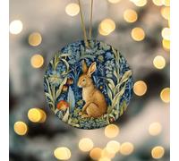 Rabbit Forest Hares Wood Bunny Christmas Ornaments Multicolor Tulips Flowers Floral Round Hanging Ornaments Ceramic Funny William Morris' Design Bauble for Christmas Tree Decorations