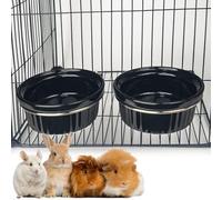 Rabbit Hanging Ceramic Bowl, Removable Cage Feeder Thick Ceramic Bowl with Stainless Steel Support Pet Water Food Bowl for Small Animal Chinchilla Ferret Guinea Pig Cat (4.92 * 1.97”) (Black-2 Pack)