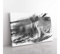 Rabbit Hare in a Meadow V1 Modern Canvas Wall Art Print Ready to Hang, Framed Picture for Living Room Bedroom Home Office Décor, 76x50 cm (30x20 Inch)