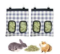 Rabbit Hay Feeder Bag, Large Capacity Rabbit Hay Bag Small Animal Hanging Hay Bag 600D Oxford Cloth Bunny Hay Feeder Bag for Rabbits Guinea Pigs Chinchillas (Plaid-2 Holes-2Pcs)
