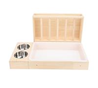 Rabbit Hay Feeder with Litter Box Wooden Bunny Feeding Manger 2 Stainless Steel Bowls Mess Proof Design for Chinchillas Hamster Small Animals Solid Wood Plastic Stainless Steel