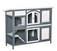Rabbit Hutch Grey SolidWood,SteelWire 125x48x100cm Two-Tier Open Roof Tray-Ramp