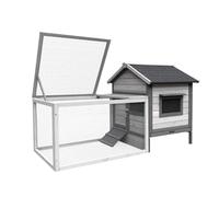 Rabbit Hutch with Open Enclosure made of Pale Grey painted Wood 146x75x83cm & Slide-Out Tray