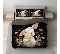 Rabbit Illustration Duvet Cover Watercolour Bedding Set for Kids Boys Girls, Black Zip Closure Comforter Cover Easy-Care, Reversible Ultra-Soft 3 Pcs Set Super King 260 X 220 cm