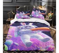 Rabbit in space 3D Digital Print Comforter Cover 3pcs Ultra-Soft Microfibre Skin-Friendly Cartoon astronaut Quilt Cover 2 Pillow Shams Zippered Closure Machine Washable Kids & Teens (135x200cm)