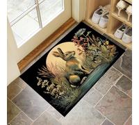 Rabbit In The Flowers Door Mats 40 X 60 Cm, Washable Indoor Doormat Tpr Non-Slip, Dirt Trapper Front Door Mat Inside, Moon Animals Super Absorbent Entrance Rug For Entryway, Pets And Dogs - Black