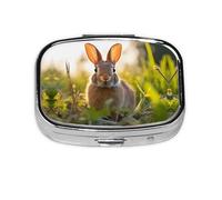 Rabbit in The Grass Square Pill Storage Box, Travel Portable Mini Pill Box, Vitamin Medicine Storage Box (2 Compartment Pill Box)