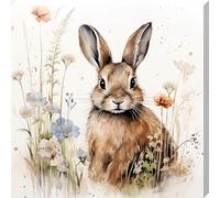 Rabbit In The Wildflowers Stretched Canvas Wall Art Picture - Childrens Room/Nursery (20 inches x 20 inches)
