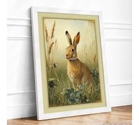 Rabbit in Wild Meadow Botanical Framed Wall Art Print A4 (29.7×21cm) White, Wall Decor for Living Room, Bedroom, Office & Home, Ready to Hang, Art Gift