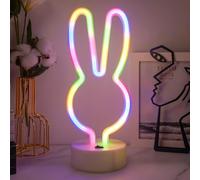 Rabbit Lights Neon Signs, Rainbow Creative Bunny Neon Lights with Base Battery/USB Operated Rabbit Stuff for Room Party Wedding Birthday Festival Decorations Spring Decor