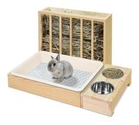 Rabbit litter tray, Multi-functional large rabbit hay feeder with litter tray, Wooden small animal feeding station with 2 Stainless steel bowls, Natural pine wood habitat for rabbits, guinea pigs ect