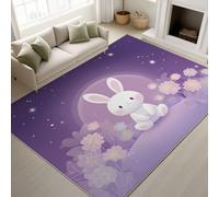Rabbit Moon Flowers Stars Printed Rugs Cartoon Dreamy Watercolour Soft Rugs Soft Dreamy Romantic Cozy Machine Washable Area Rug Purple for Kids’ Room Bedroom 120 x 170 cm