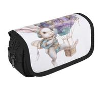 Rabbit on Hot Air Balloon Pencil Case Organizer - Large Capacity 3 Compartment Pencil Pouch for Adults, Portable Makeup Bag & Aesthetic Stationery Bag with Zipper (8.7x4.3") Unisex Gift