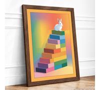 Rabbit on Rainbow Stairs Framed Wall Art Print A2 Walnut