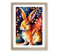 Rabbit Painted Framed Print | A2 Oak Framed Wall Art | Ready to Hang | Modern Animal Picture | Living Room Bedroom Lounge Office