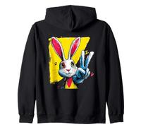 Rabbit Peace Sign Retro Pop Bunny Character Graphic Gesture Zip Hoodie