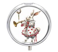 Rabbit Playing The Flute Metal Pill Organizer, 3 Compartment Waterproof Pill Case with Mirror for Purse Pocket Bag, Daily Medicine Vitamin Holder, Portable Travel Med Container(Round)