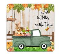 Rabbit Pumpkin on Green Truck Tin Plaque Fall Harvest Sign Fall Maple Wood Grain Metal Sign Rust Thanksgiving Day Party Decor Welcome Fall Tabletop Signs for Home Kitchen Garden Patio Pub 12x12in