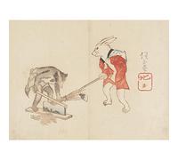 Rabbit Raccoon Chopping Straw 1830s Yamada Hogyokue Large XL Wall Art Canvas Print