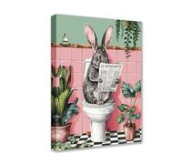 Rabbit Read Newspaper Posters Prints 1P Tropical Plant Animals on Toilet Canvas Wall Art Cute Modern Pictures Artwork for Living Room Bathroom Home Wall Decor Framed Gallery-Wrapped Ready to Hang