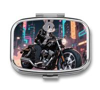 Rabbit Riding Motorcycles Pill Box - 2 Compartment Travel Pill Organizer with Small Mirror, Portable Pillcase for Pocket & Purse, Cute Square Medicine Case, Weekly Medicine Container
