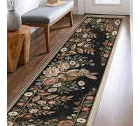 Rabbit Runner Rug, Vintage Rustic Flowers Leaves Spring Black Non-Slip Home Indoor Pattern Carpets Non Shedding for Kitchen Entryway Laundry Room Bedside Decor 2x8 Ft