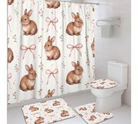 Rabbit Shower Curtain Sets, Spring Fanciful Bow Flower Spring Peach Polyester Waterproof Bathroom Sets with Shower Curtain and Rugs Decorative for Toile Guest Room 72x72 Inch
