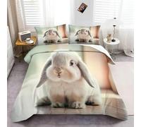 Rabbit Single Duvet Cover Set Cute Animals Bedding Set 3D Print Soft Microfiber Quilt Covers 135x200 cm with Zipper Closure and 2 Pillowcases 50x75 cm for Kids Teens B.1057