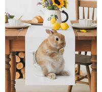 Rabbit Sitting on The Toilet Thinking Table Runner 13x36 Inches Long Abstract Funny Animal Cotton Linen Table Runner Burlap Style for Dinner Table Party Decor Tabletop Decorations