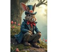 Rabbit themed greeting card. A5 size with envelope. A fun image of a rabnbit dressed as the Mad Hatter, sitting under a tree on the side of a hill, reminiscent to Watership Down