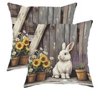 Rabbit Throw Pillow Covers Set of 2, Rustic Country Sunflowers Daisies Spring Brown with Hidden Zipper Pattern Pillow Covers for Living Room Bedroom Loft Office Car Decor 18x18 Inch