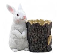 Rabbit Tree Stump Planter, White Bunny Succulent Pot for Indoor Outdoor | White rabbit on tree stump planter for succulents or desk storage, resin for indoor and garden decor