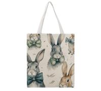Rabbit Wearing A Bow Tote Bag, Aesthetic Canvas Tote Bag Reusable Grocery Shopping Bag for Women Men