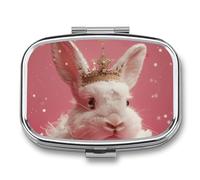 Rabbit Wearing A Crown Pill Organizer Metal Pill Box - 2 Compartments, Sleek & Portable Medicine Case for Travel, Daily Use
