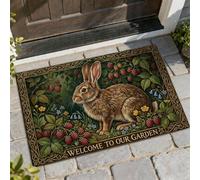 Rabbit Welcome Door Mat, Nature Rustic Raspberry Flowers Spring Green Non-Slip Dirt Trapper Back Doormat for Home Indoor Outdoor Entryway Porch Decor 29x17 Inch
