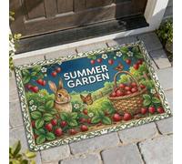 Rabbit Welcome Door Mat, Summer Garden Strawberries Butterfly Summer Green Washable Low Profile Doormats for Floor Home Decor for Entryway Outdoor Porch Balcony 29x17 Inch