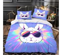 Rabbit with Sunglasses Quilt Cover 3D Print Extra Soft 3PCs Bed Linen Hidden Zipper vibrant Retro Comforter Cover Premium Wrinkle-Resistant for Adults Teens Women Kids Girls Boys Single（140x200cm）
