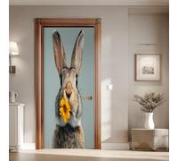 Rabbit Yellow Flower 3D Door Mural 77x200 cm Cute Hare Wildlife Peel and Stick Door Sticker Vinyl for Bedroom Bathroom Waterproof Wallpaper