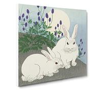 Rabbits at Full Moon by Ohara Koson Asian Japanese Canvas Wall Art Print Ready to Hang, Framed Picture for Living Room Bedroom Home Office Décor, 20x20 Inch (50x50 cm)