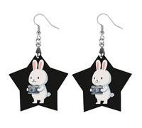 Rabbits Holding Camera Womens Wooden Dangle Earrings for Adults Drop Pendant Trendy Jewelry