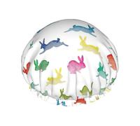 Rabbits In Different Poses Jumping Running Print Lightweight And Elasticated Waterproof Shower Cap, Double Layer Waterproof Hair Cap